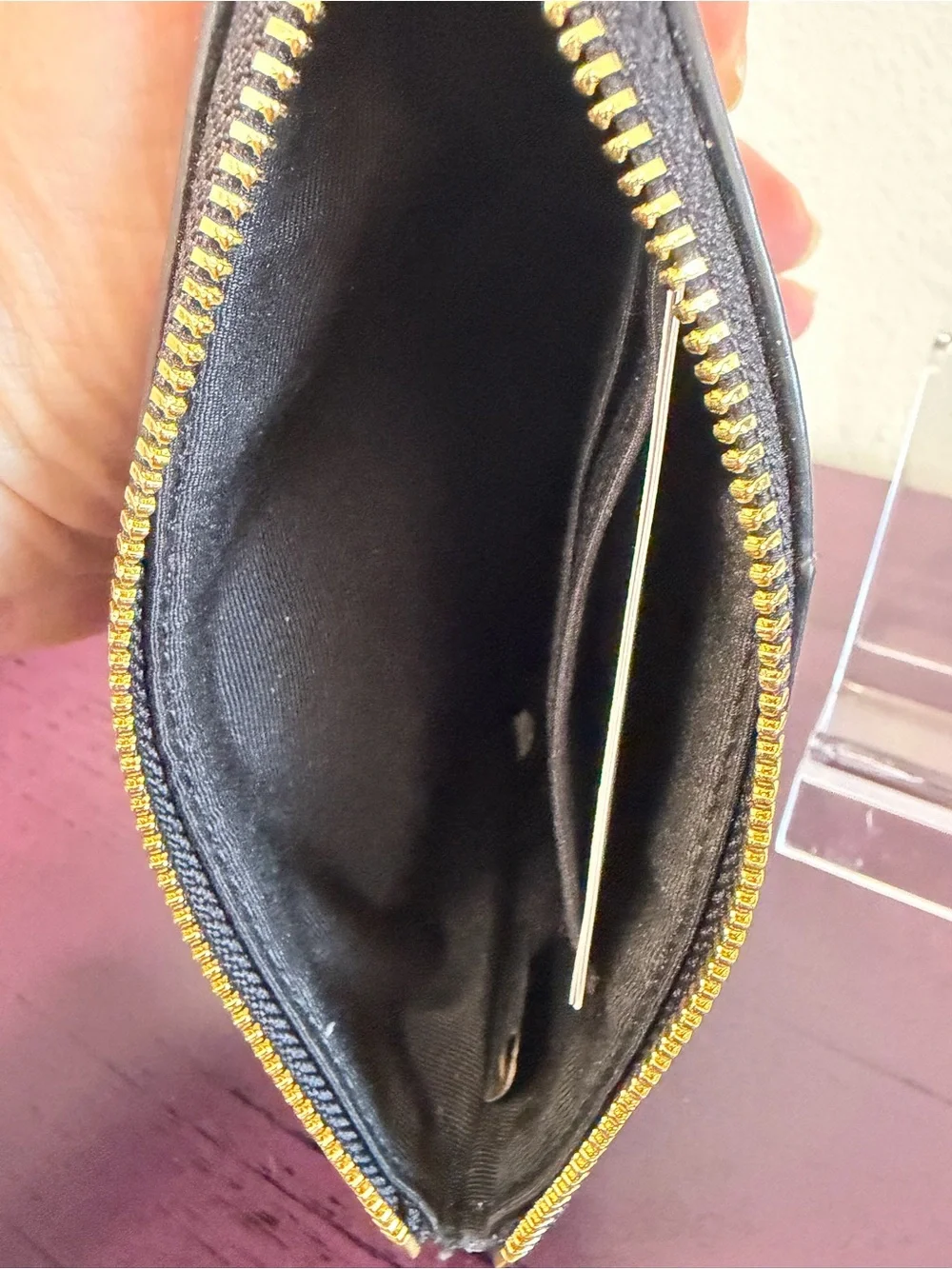 COACH Brown Signature Canvas Wristlet with Black Center Stripe and Gold Logo
